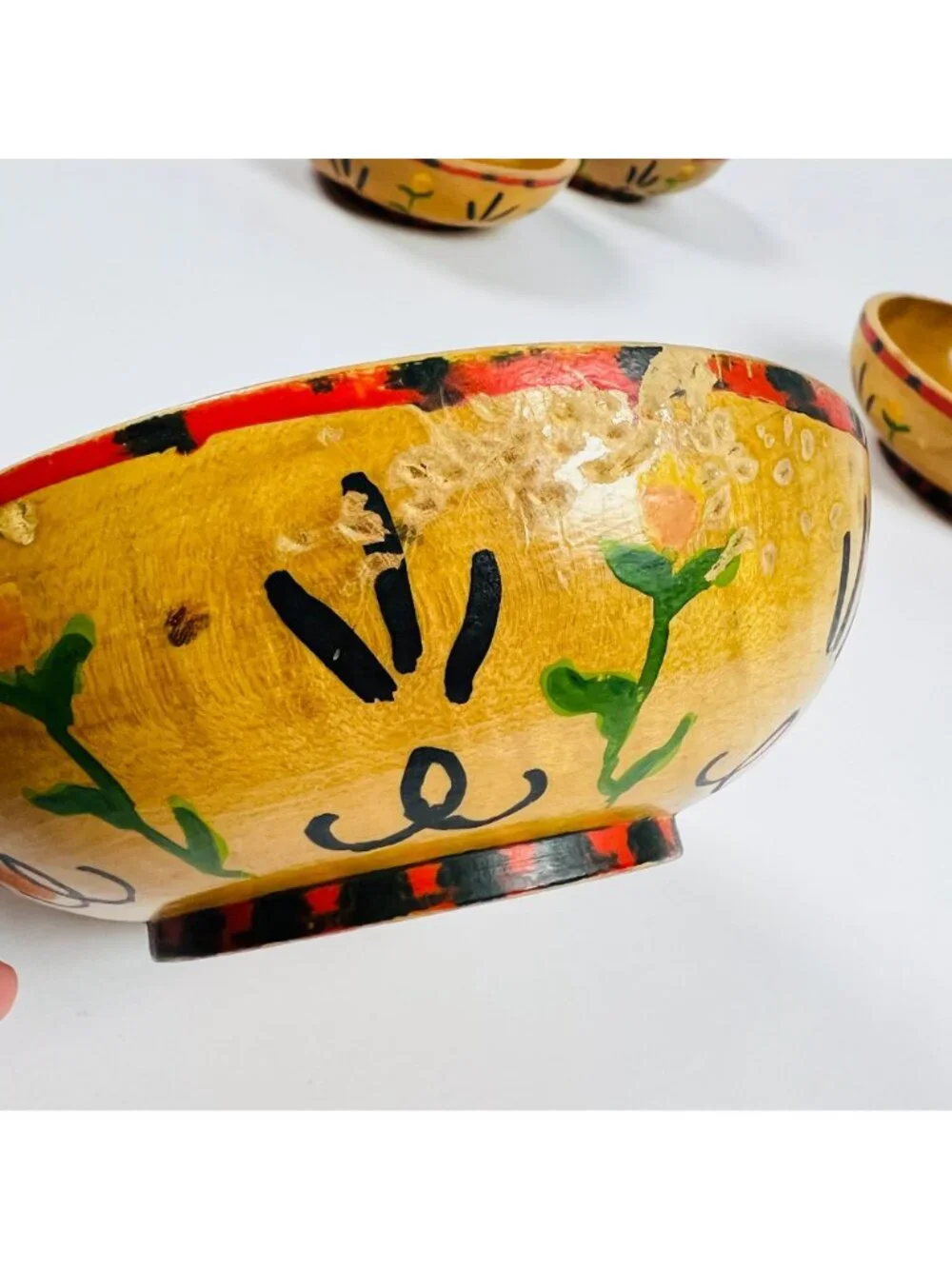 Vintage Occupied Japan Wooden Bowls 4 Floral Yellow & Green Rustic Decor